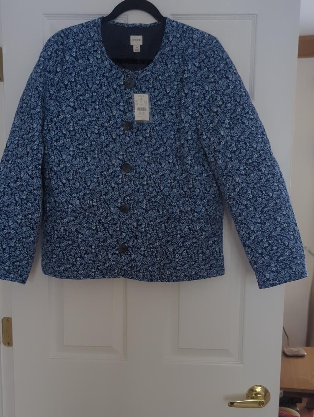 J. Crew Navy and White Quilted Floral Button Jacket